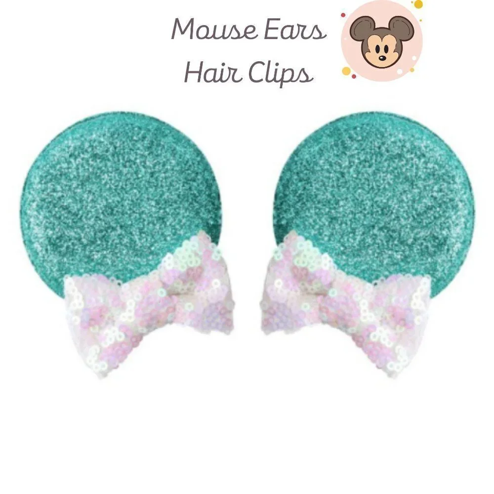 Girls Mouse Ears Sequin Hair Clips Turquoise White Vacation Hair Style